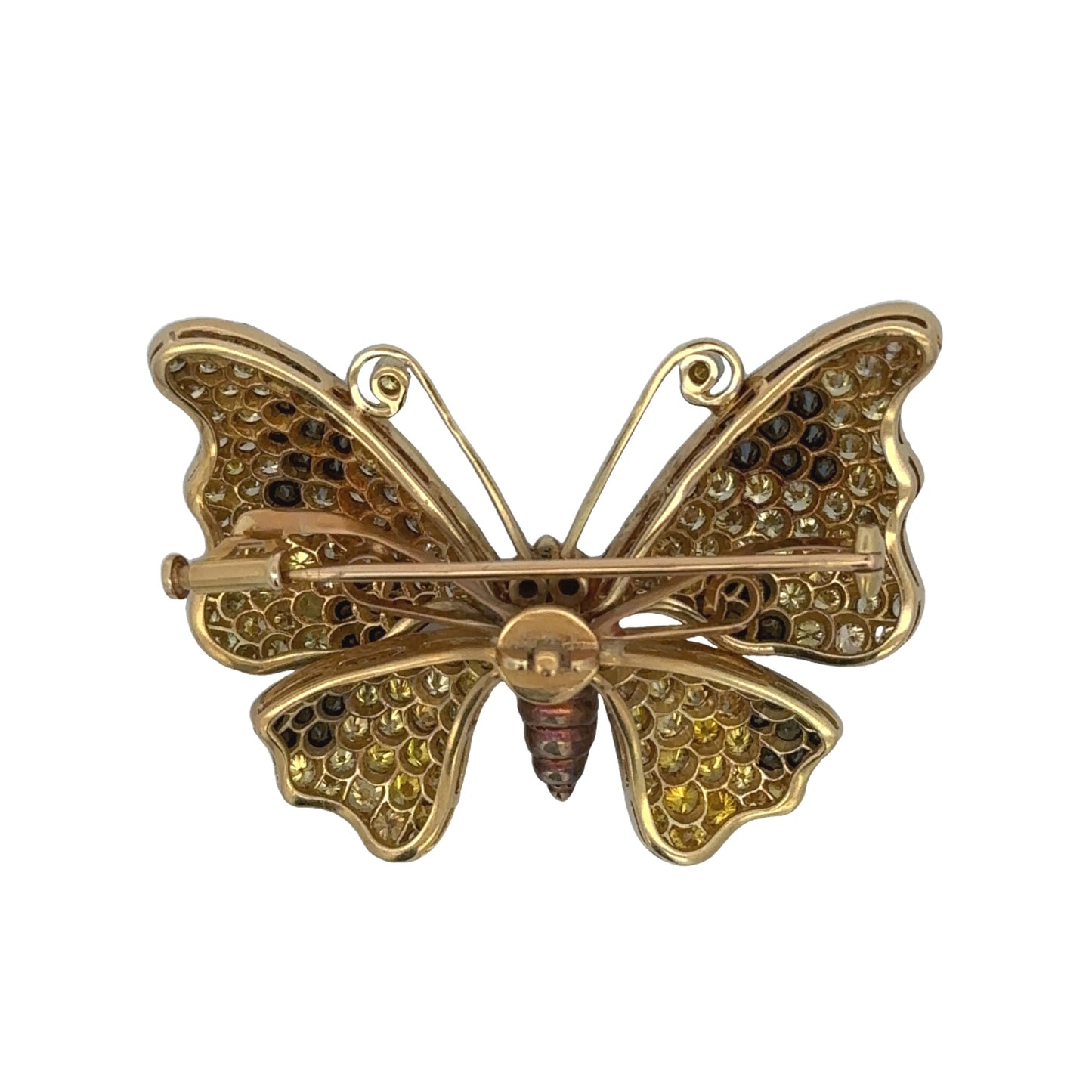 1980s 18KT Yellow Gold Yellow, White & Black Diamond Butterfly Brooch back