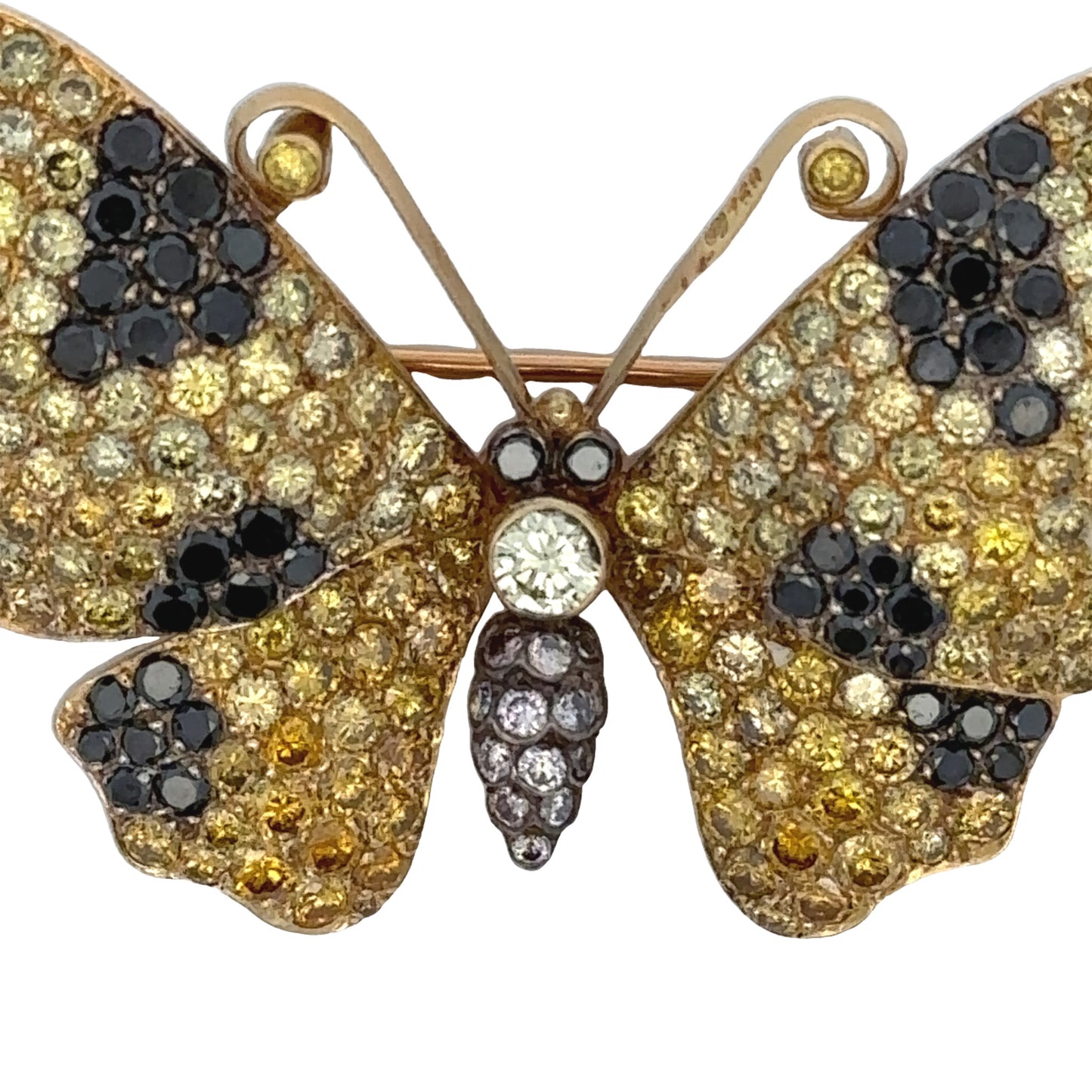 1980s 18KT Yellow Gold Yellow, White & Black Diamond Butterfly Brooch close-up front