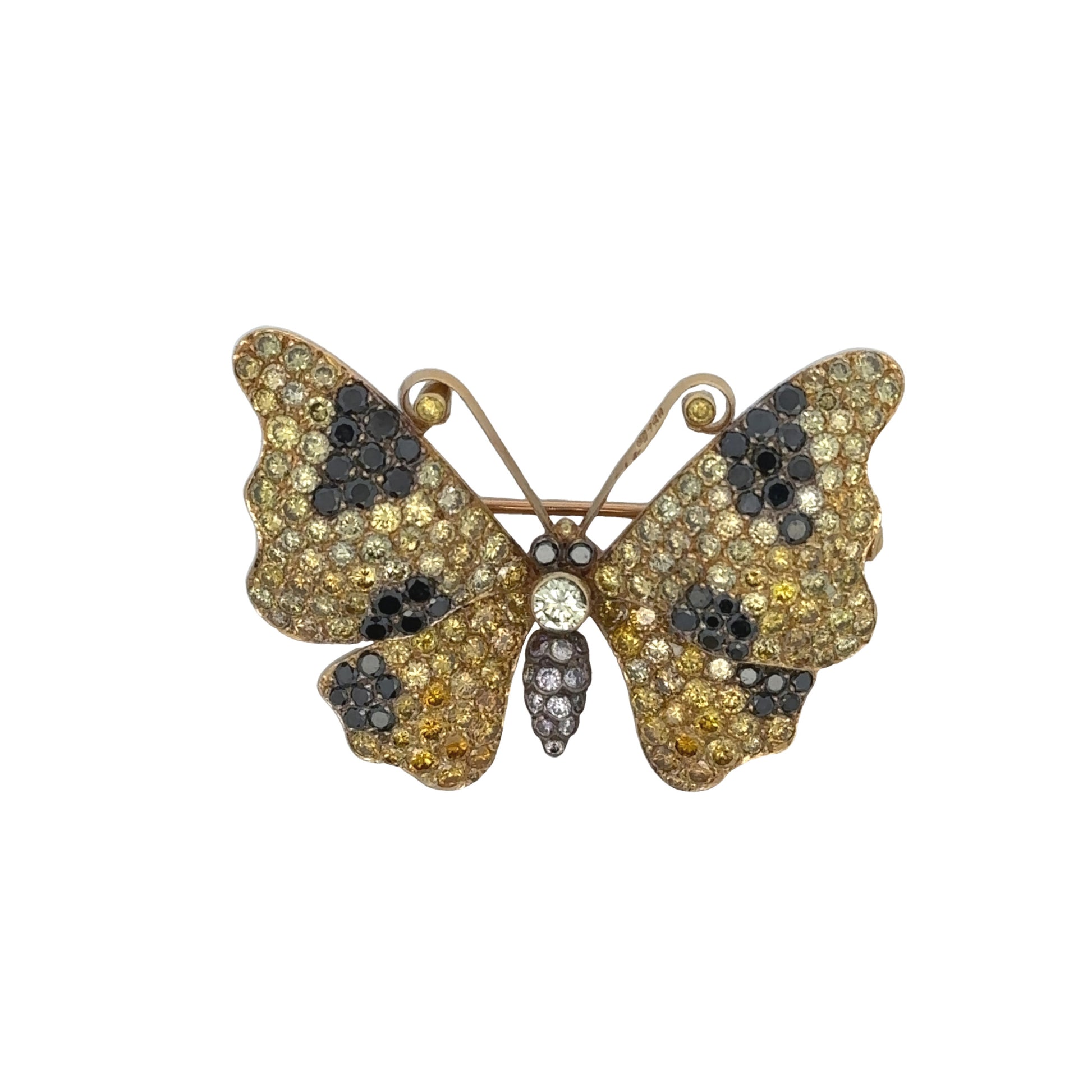 1980s 18KT Yellow Gold Yellow, White & Black Diamond Butterfly Brooch front