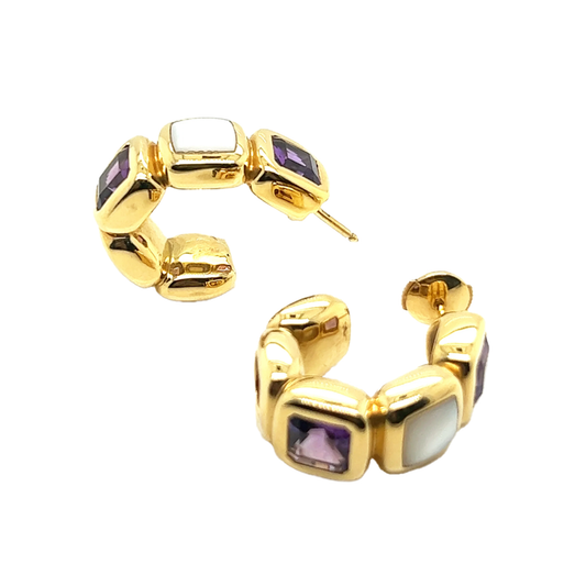 Post-1980s 18KT Yellow Gold Amethyst & Mother of Pearl Hoop Earrings side view