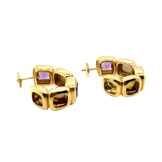 Post-1980s 18KT Yellow Gold Amethyst & Mother of Pearl Hoop Earrings back view