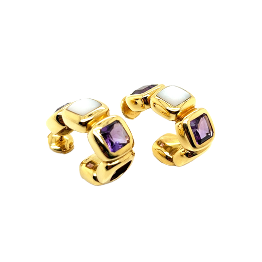 Post-1980s 18KT Yellow Gold Amethyst & Mother of Pearl Hoop Earrings side angle view