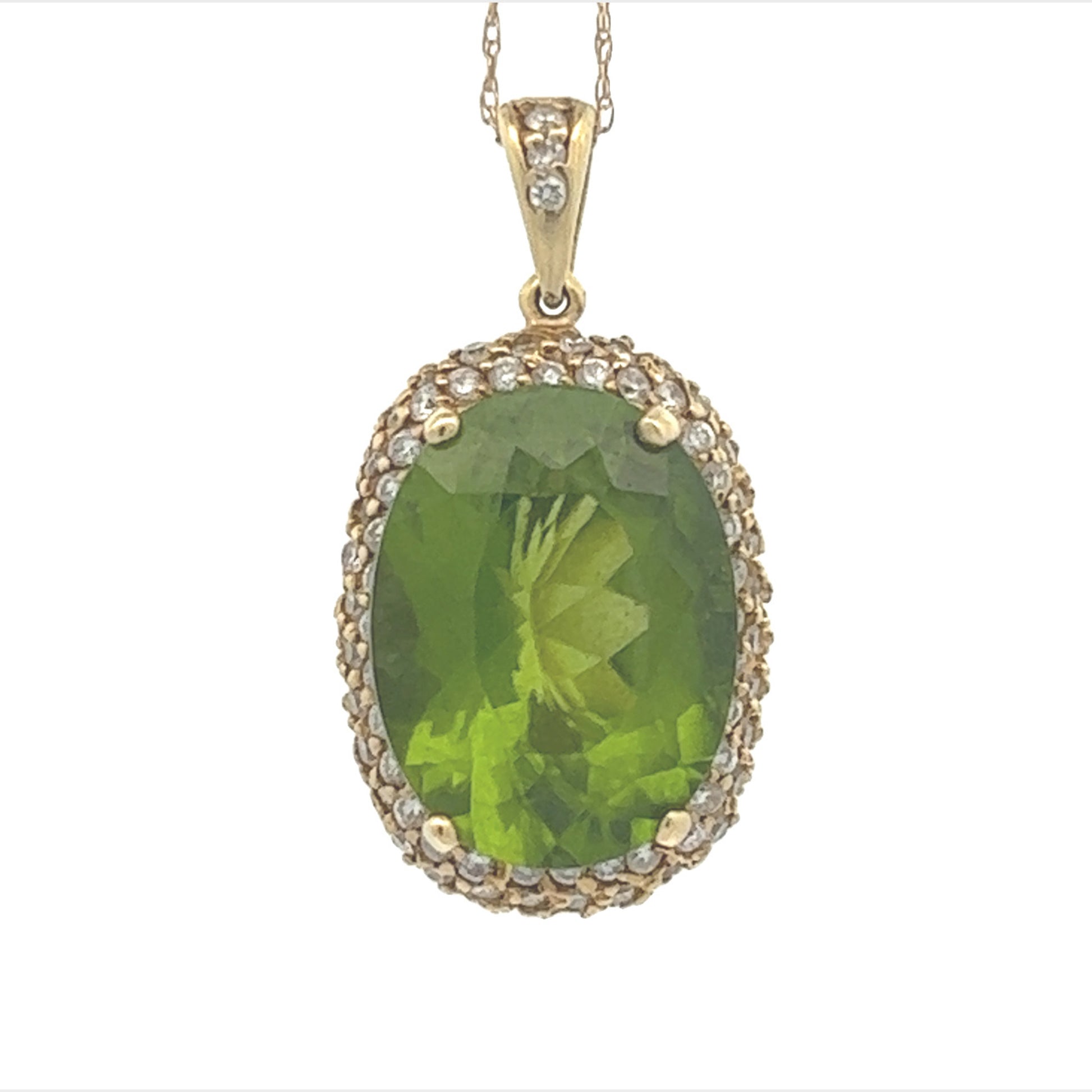 1960s 18KT Yellow Gold Peridot & Diamond Necklace close-up front