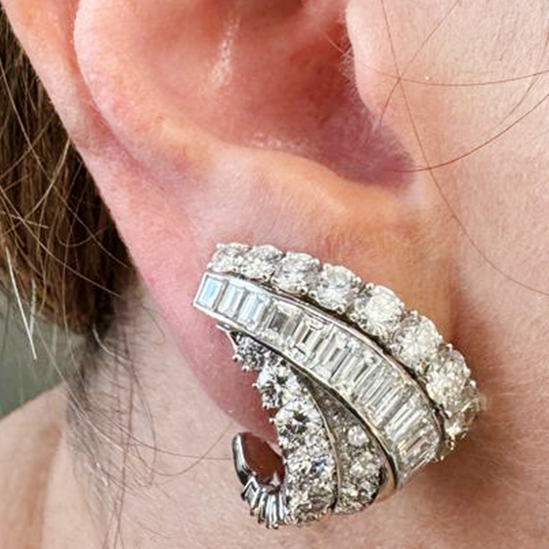 Van Cleef & Arpels French 1970s 18KT White Gold Diamond Earrings on ear