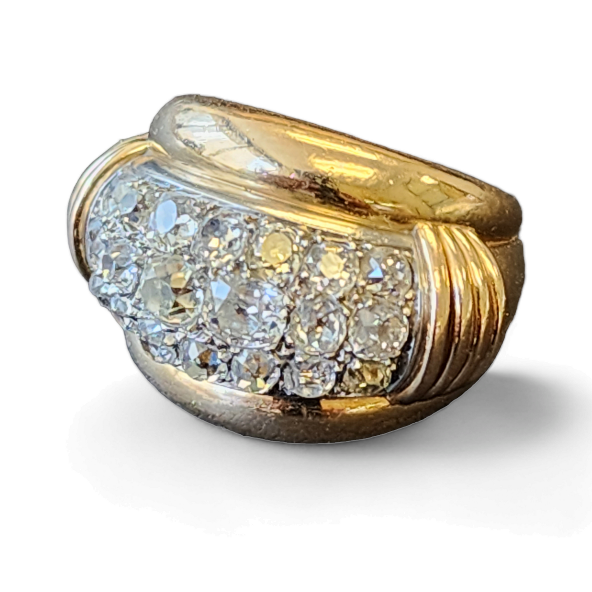 French 1930s Platinum & 18KT Yellow Gold Diamond Ring side front