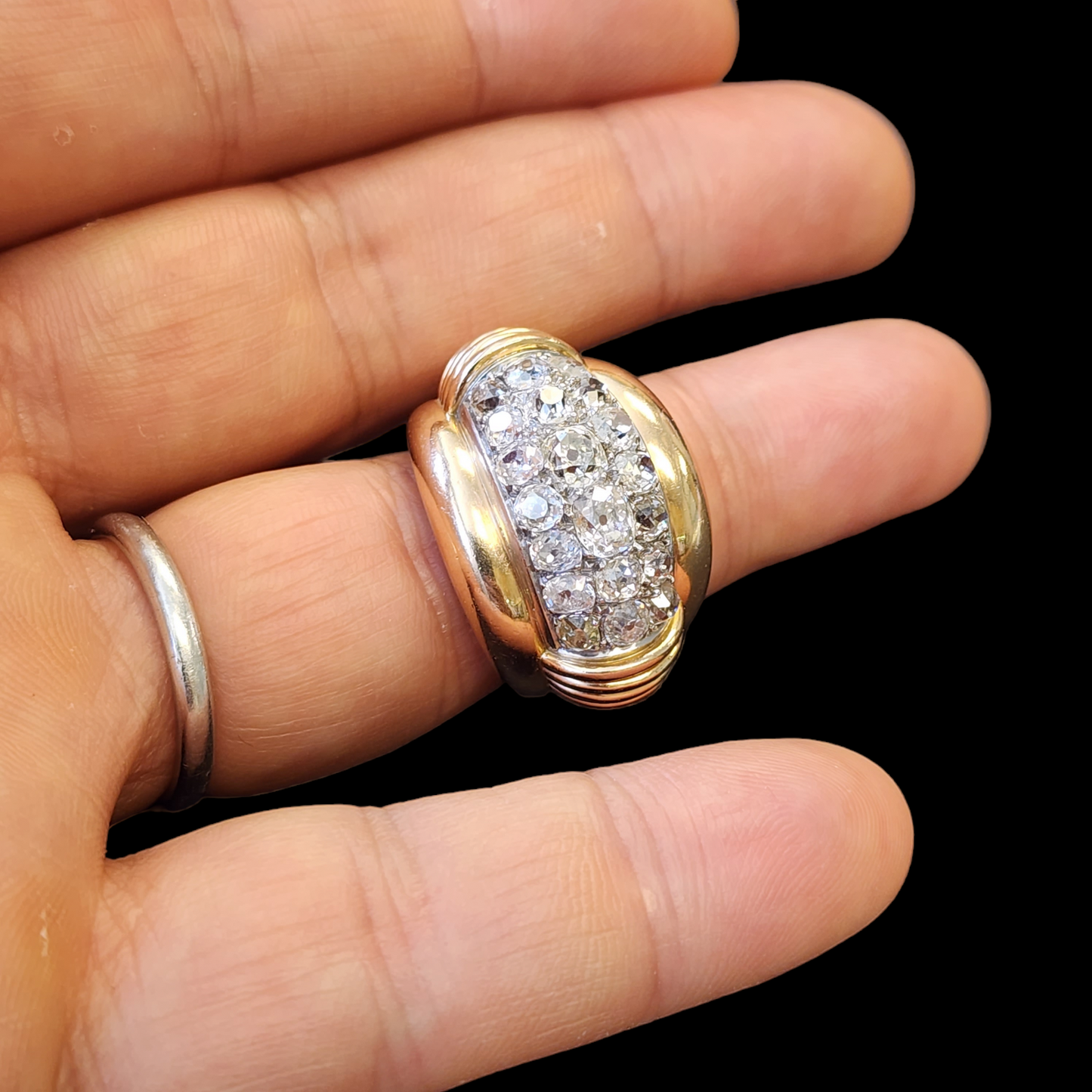 French 1930s Platinum & 18KT Yellow Gold Diamond Ring on finger