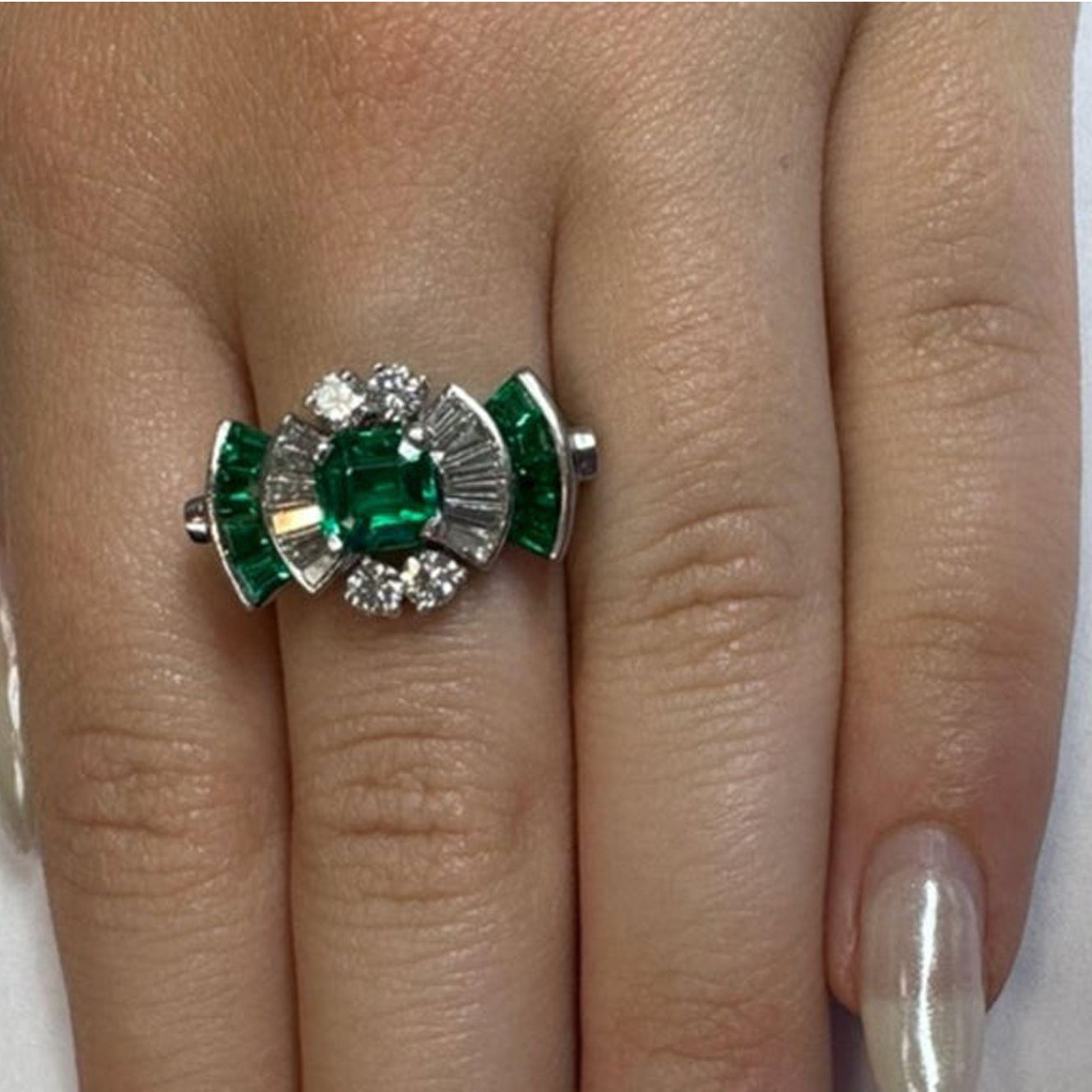 Tiffany & Co. 1940s  Platinum Emerald & Diamond Ring on finger