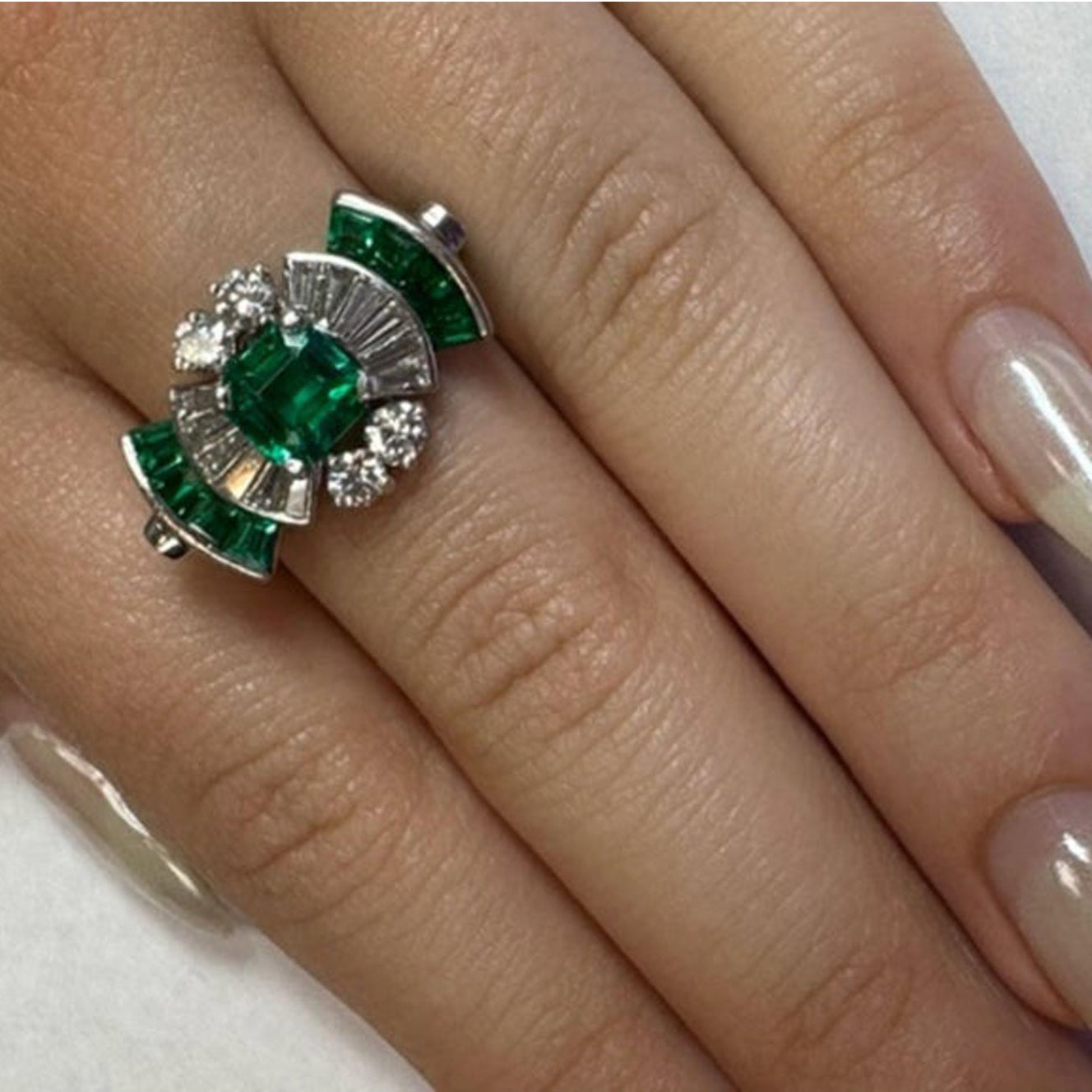 Tiffany & Co. 1940s  Platinum Emerald & Diamond Ring on finger