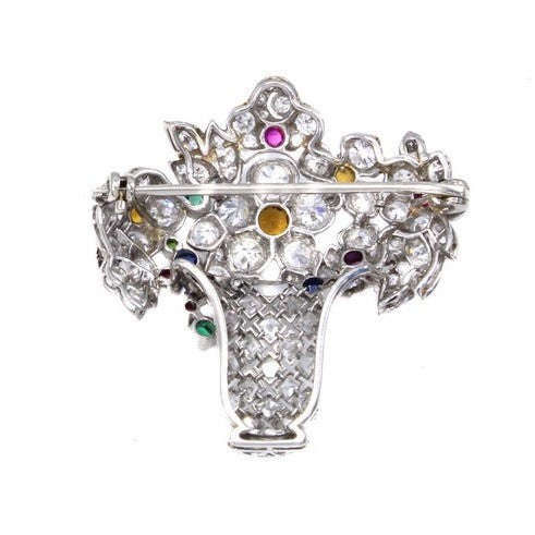Art Deco Platinum Citrine, Diamond, Emerald, Ruby & Sapphire Jardinière Brooch back