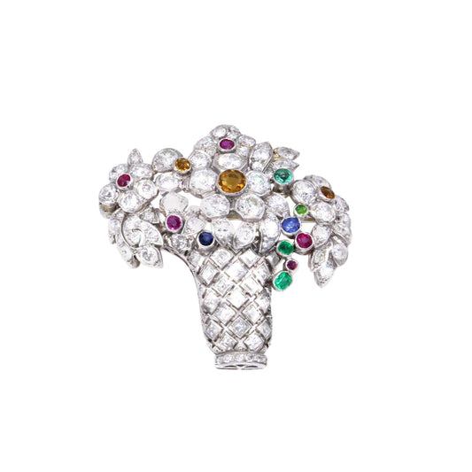 Art Deco Platinum Citrine, Diamond, Emerald, Ruby & Sapphire Jardinière Brooch front