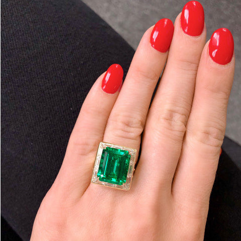 Harry Winston French 1970s 18KT Yellow Gold Emerald & Diamond Ring on finger