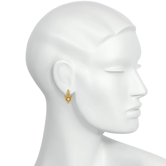 Victorian Etruscan Revival 18KT Yellow Gold Diamond Earrings on ear