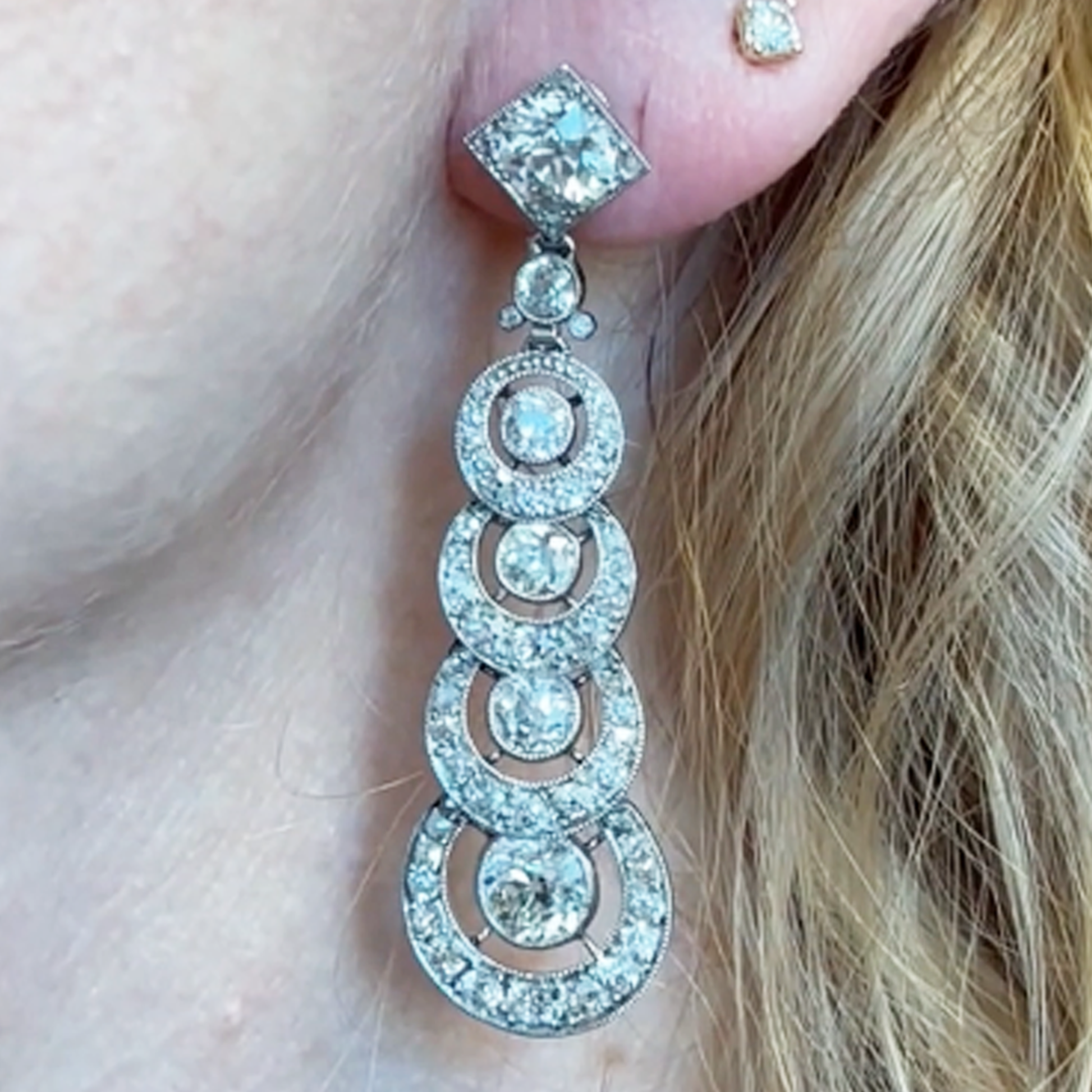 Cartier Paris Art Deco Platinum Diamond Earrings on ear