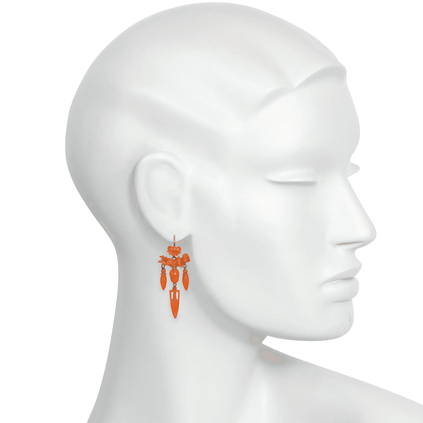 Victorian 15KT Yellow Gold Coral Angel Earrings on ear