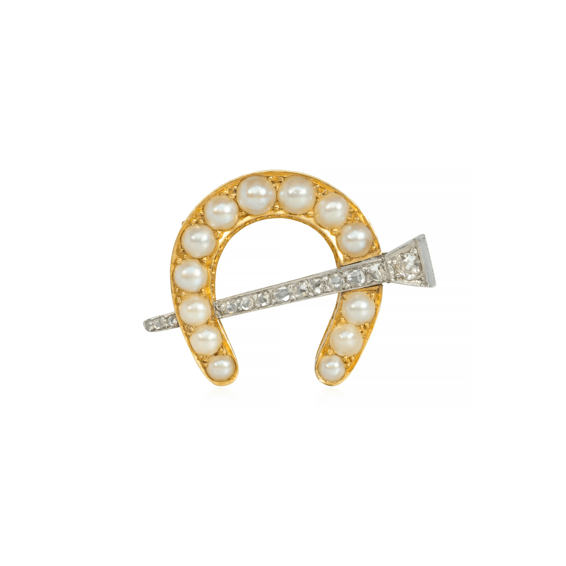 Edwardian Platinum & 18KT Yellow Gold Diamond & Natural Pearl Horseshoe Brooch / Pendant front