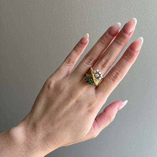 1980s 18KT Yellow Gold Diamond & Emerald Ring on hand