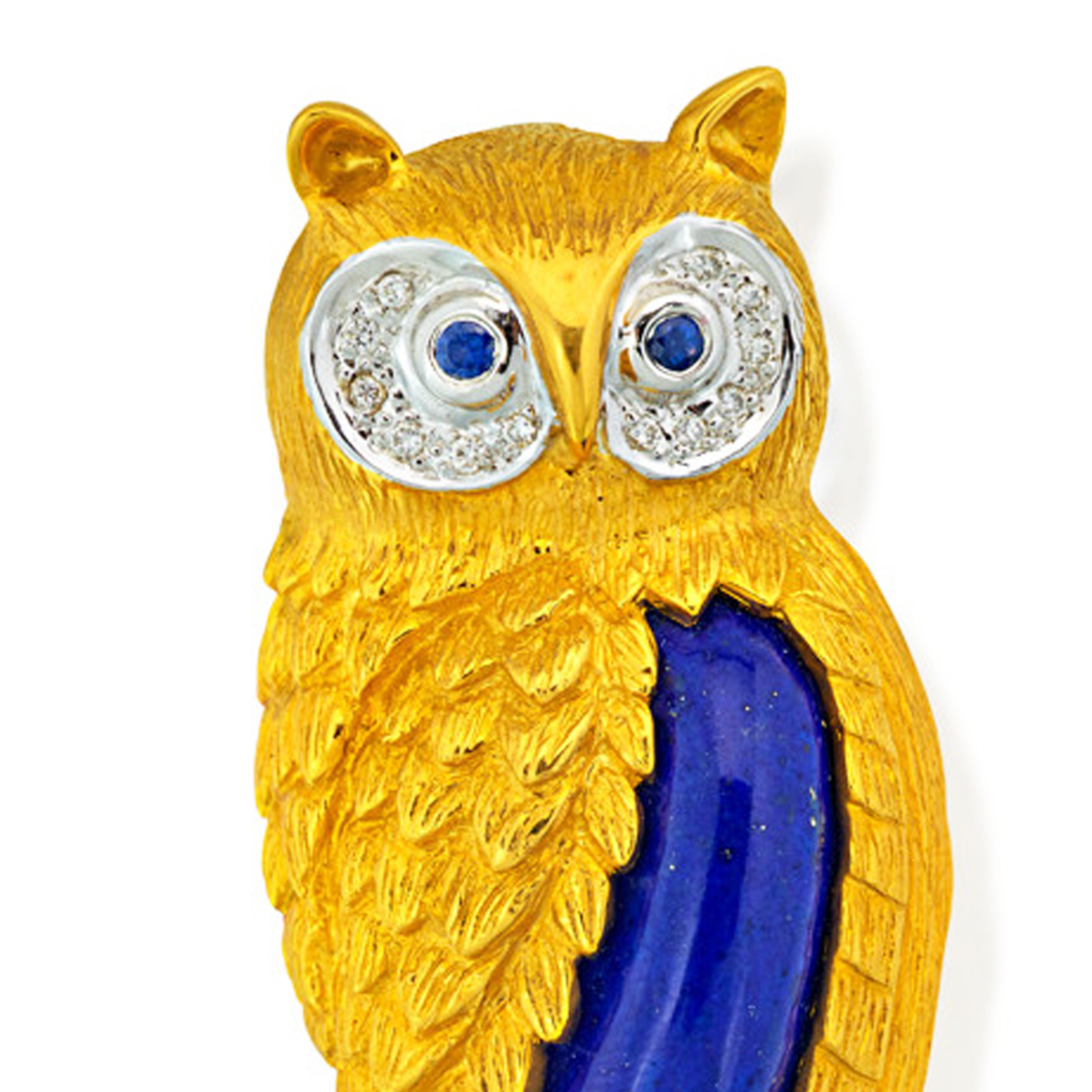 Alopa 1970s 18KT Yellow Gold Lapis Lazuli & Diamond Owl Brooch close-up of face