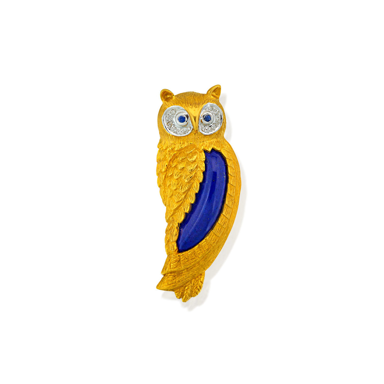 Alopa 1970s 18KT Yellow Gold Lapis Lazuli & Diamond Owl Brooch