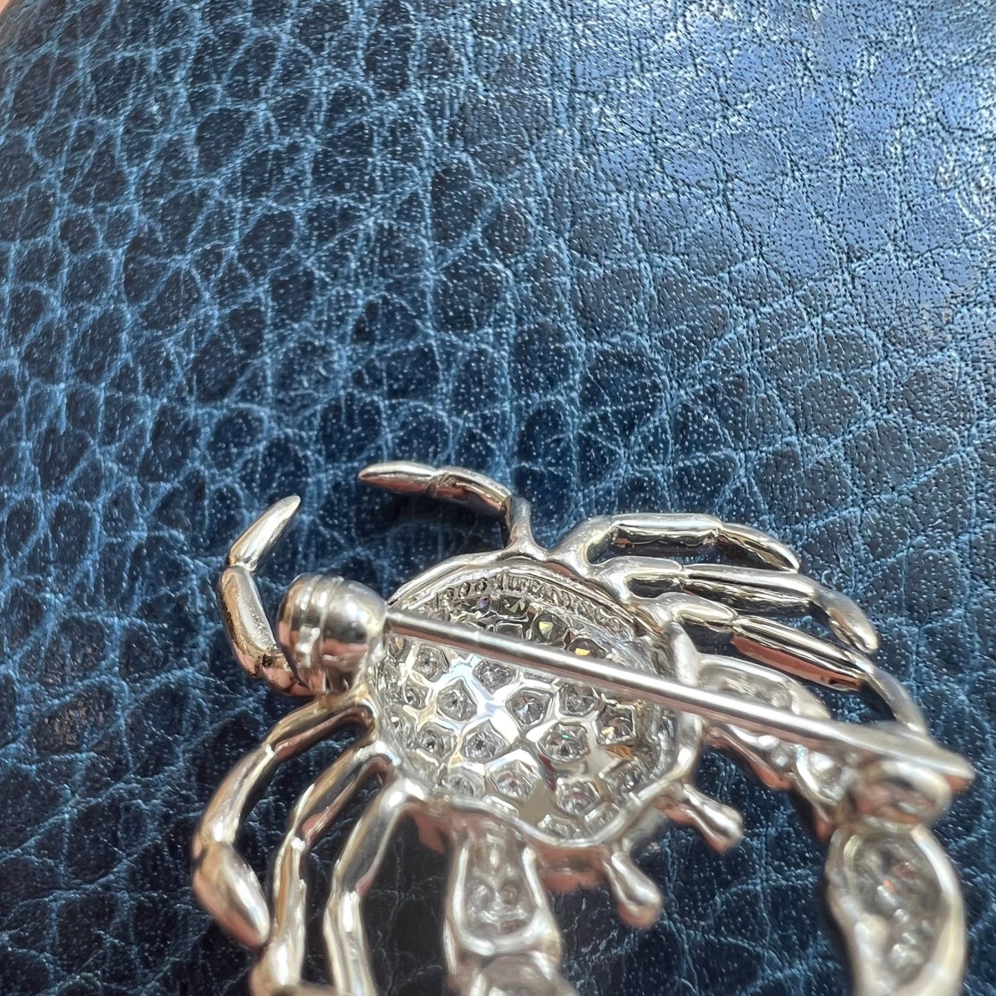 Tiffany & Co. 1960s Platinum Diamond Crab Brooch close-up of signature