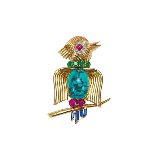 Sanz 1960s 18KT Yellow Gold Diamond, Emerald, Ruby & Sapphire Bird Brooch front