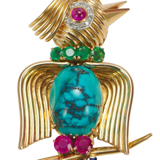 Sanz 1960s 18KT Yellow Gold Diamond, Emerald, Ruby & Sapphire Bird Brooch close-up details
