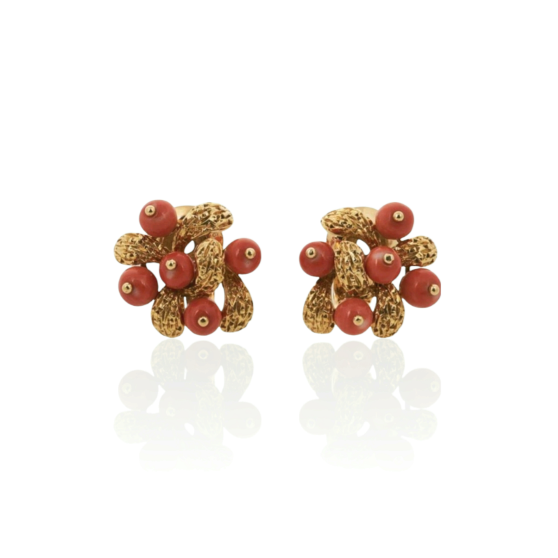 Van Cleef & Arpels French 1970s 18KT Yellow Gold & Coral Earrings front view