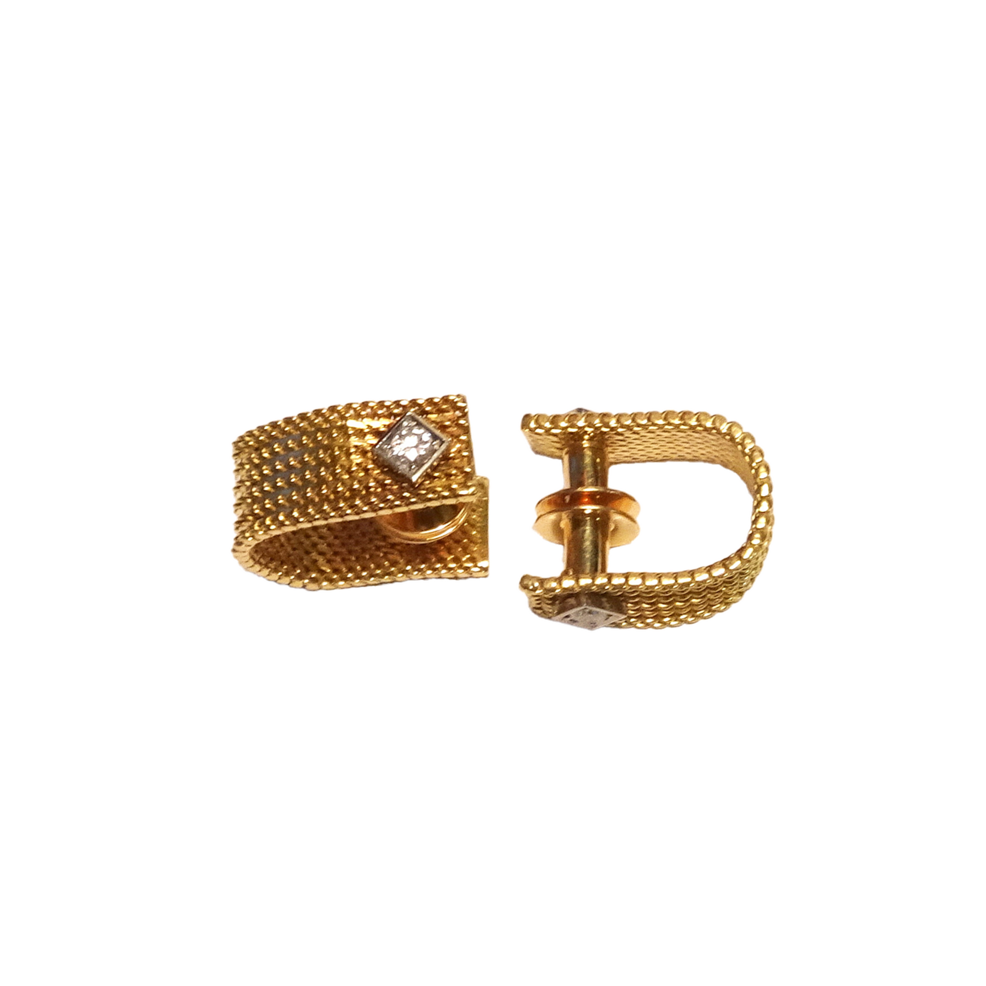 1960s 18KT Yellow Gold Diamond Cufflinks front and side