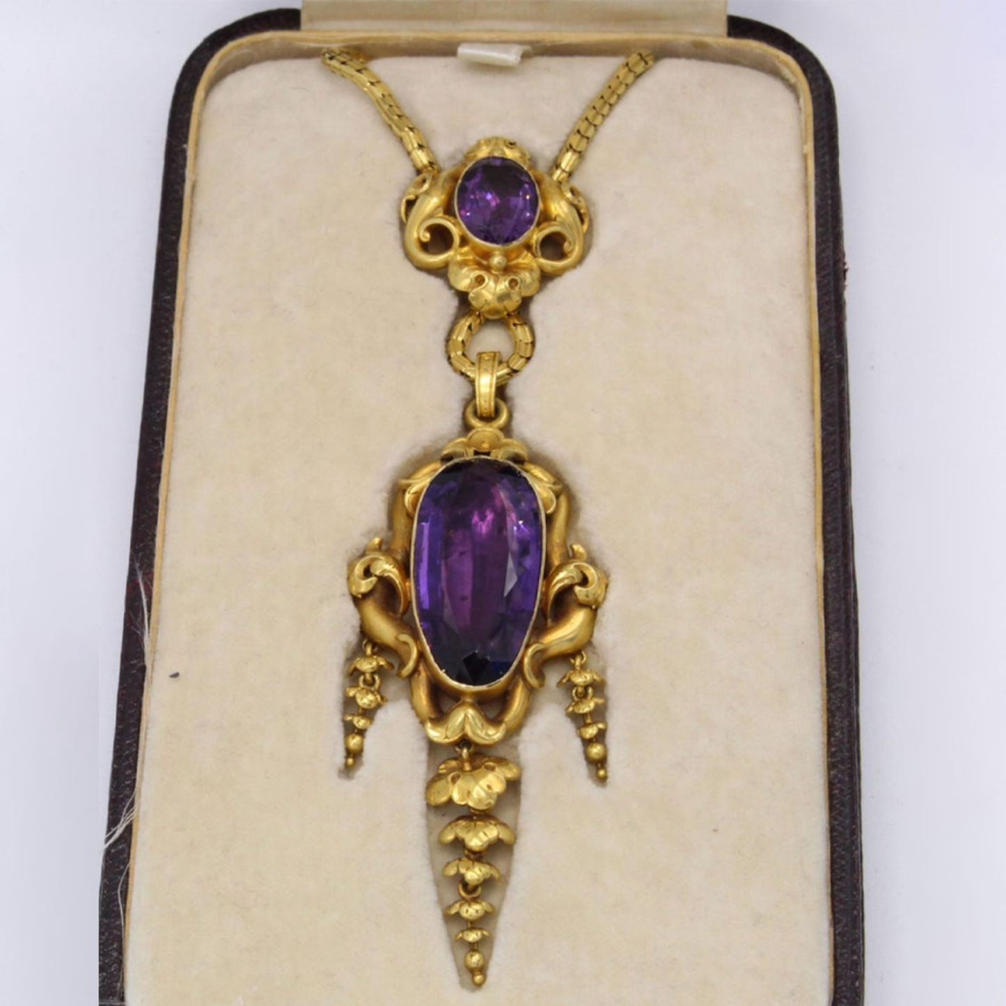 Victorian 15KT Yellow Gold Amethyst Pendant Necklace in original box