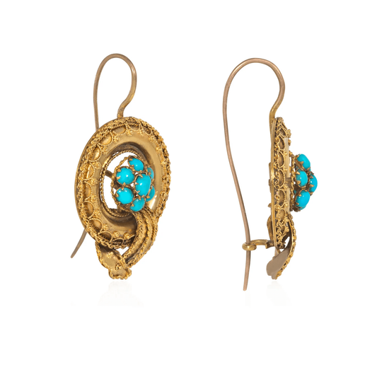Antique 14KT Yellow Gold Turquoise Earrings front and side