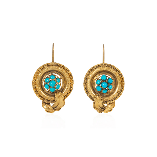 Antique 14KT Yellow Gold Turquoise Earrings front