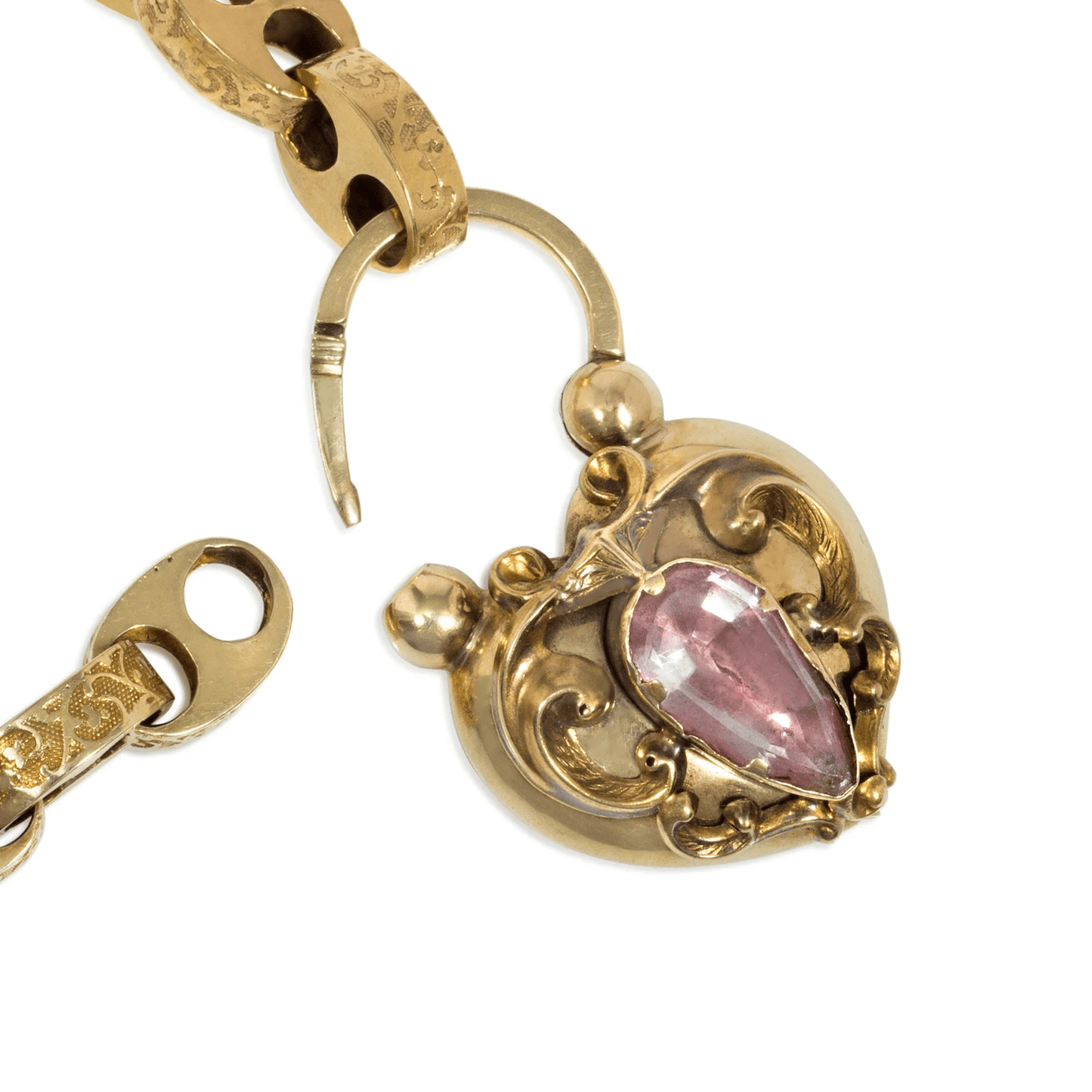 Victorian 18KT Yellow Gold Pink Topaz Padlock Heart Locket Bracelet padlock heart locket