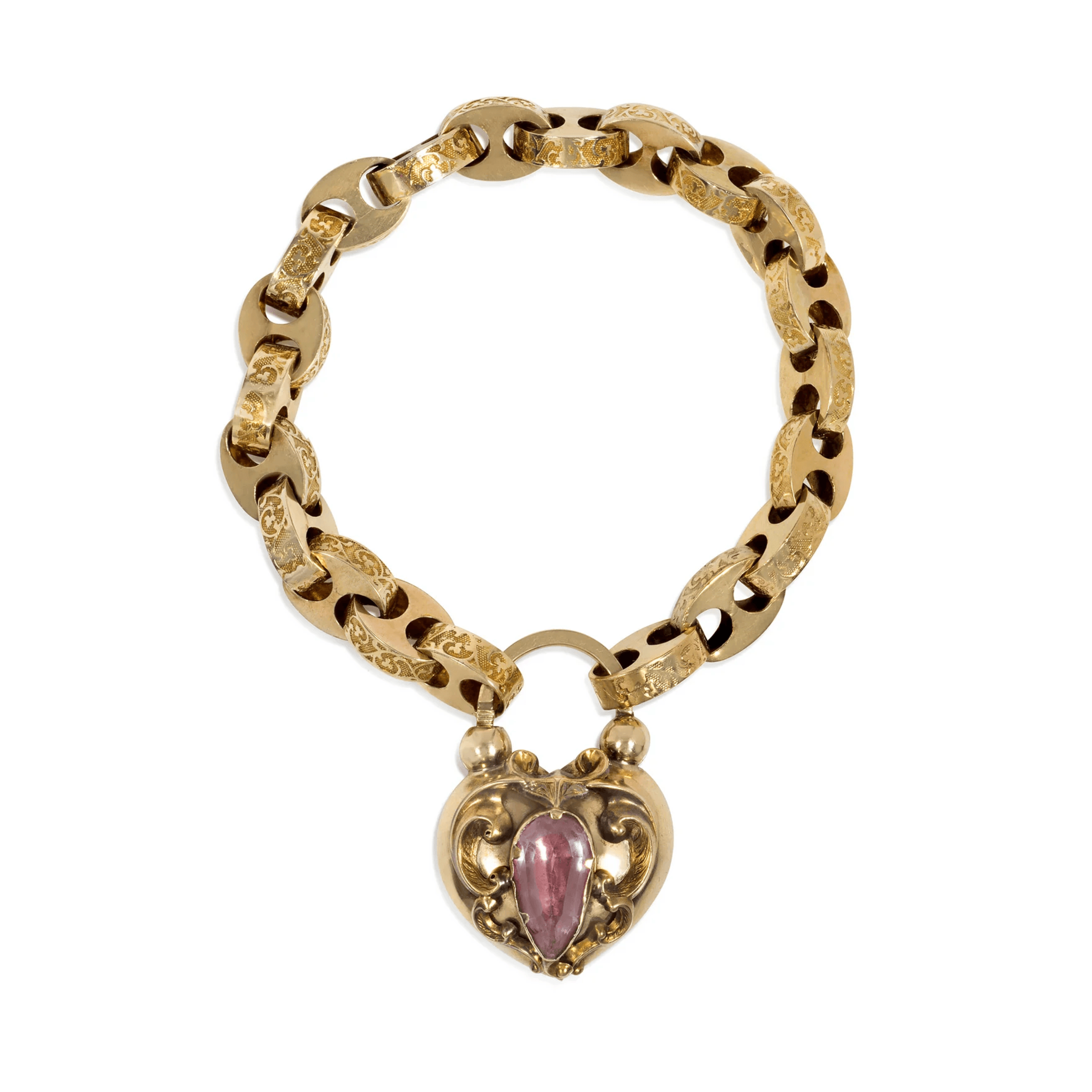 Victorian 18KT Yellow Gold Pink Topaz Padlock Heart Locket Bracelet