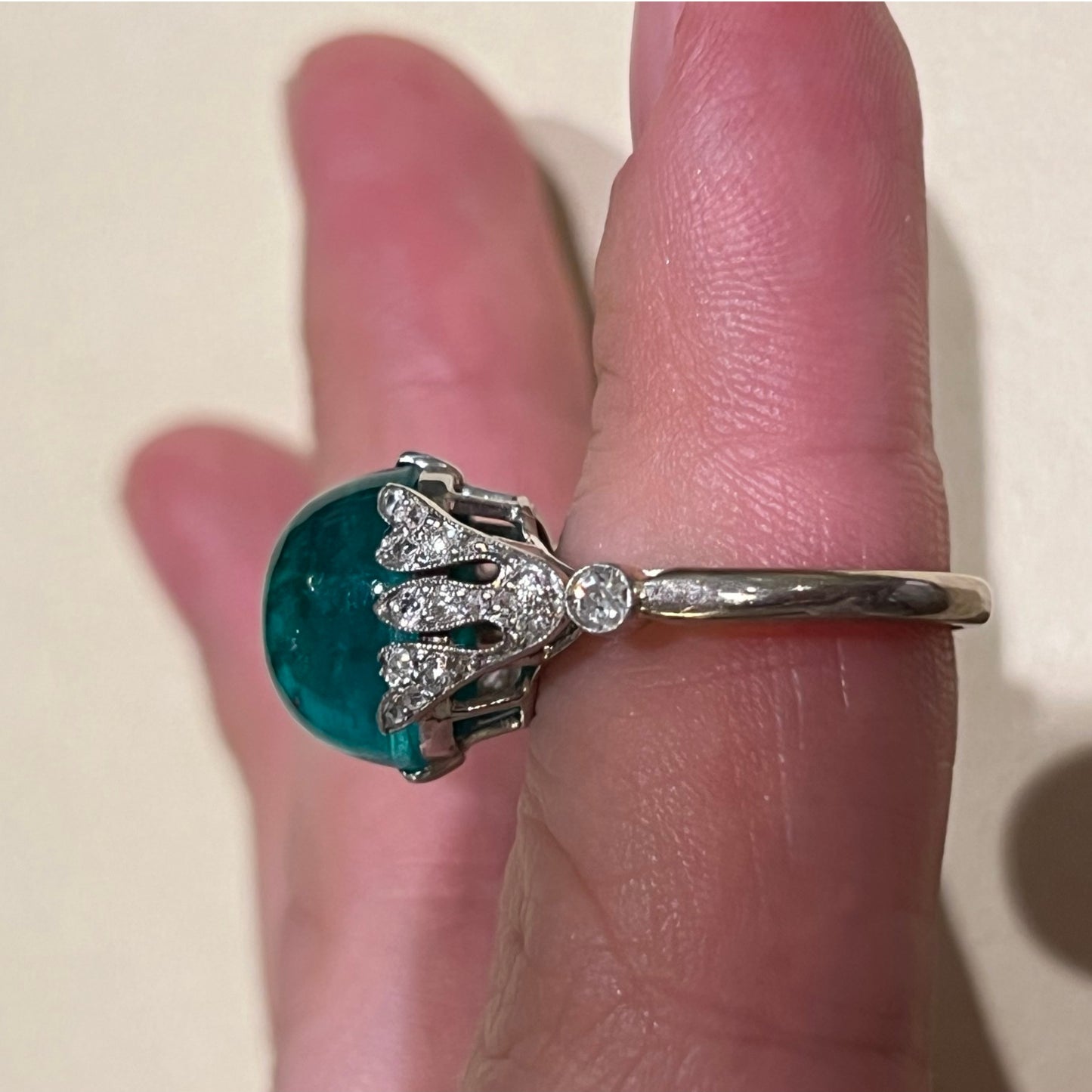 Edwardian Platinum Emerald & Diamond Ring on finger