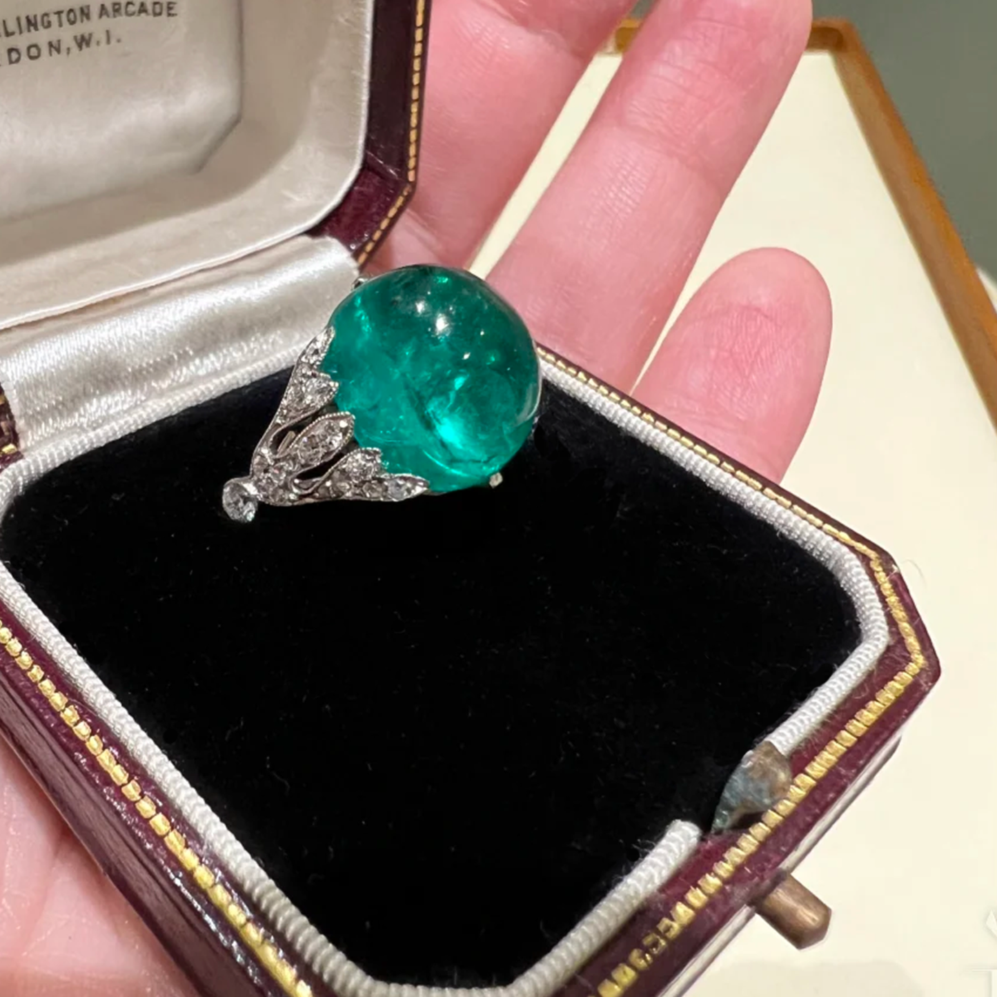 Edwardian Platinum Emerald & Diamond Ring in box