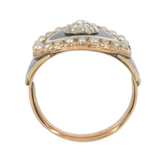 Georgian 15KT Yellow Gold Diamond, Enamel & Natural Pearl Ring profile