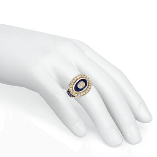 Georgian 15KT Yellow Gold Diamond, Enamel & Natural Pearl Ring on finger