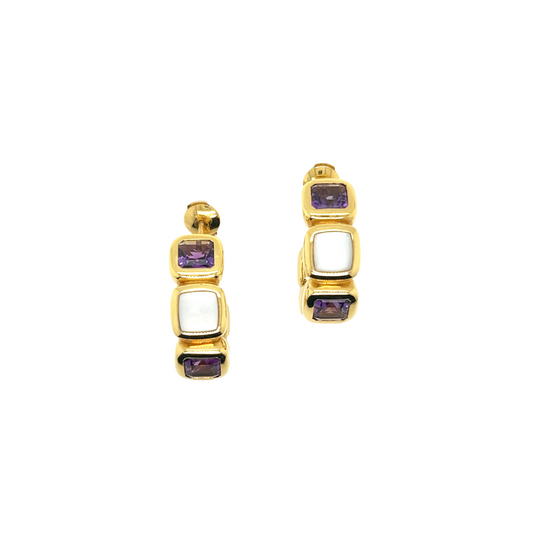 Post-1980s 18KT Yellow Gold Amethyst & Mother of Pearl Hoop Earrings front view