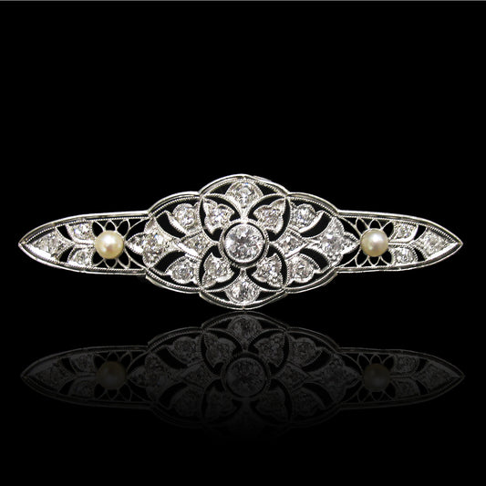 Art Deco Platinum & 18KT Yellow Gold Diamond & Pearl Brooch front view