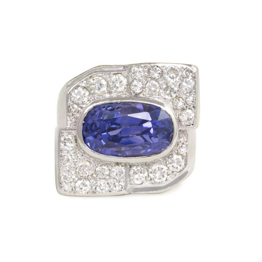 French Art Deco Platinum Sapphire & Diamond Ring front