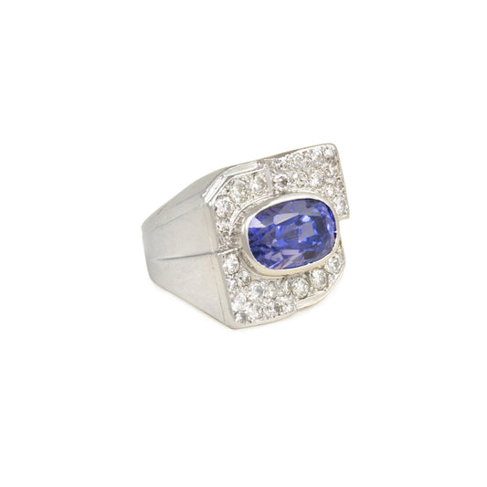 French Art Deco Platinum Sapphire & Diamond Ring side