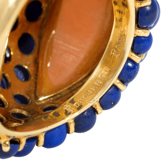 Boucheron French 1960s 18KT Yellow Gold Coral & Lapis Lazuli Ring close-up of signature