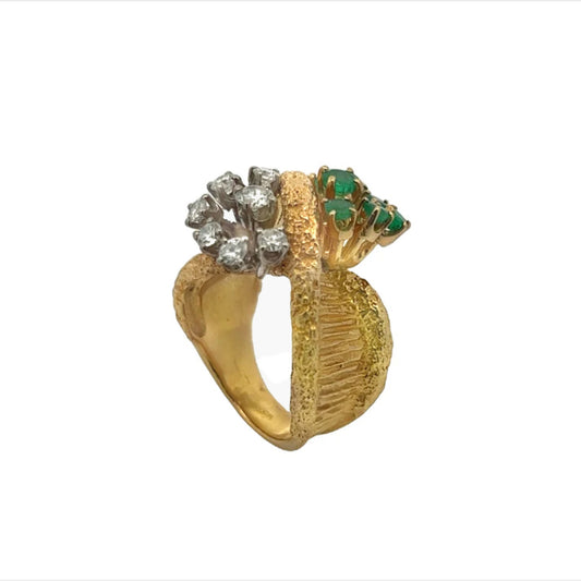 1980s 18KT Yellow Gold Diamond & Emerald Ring top and side