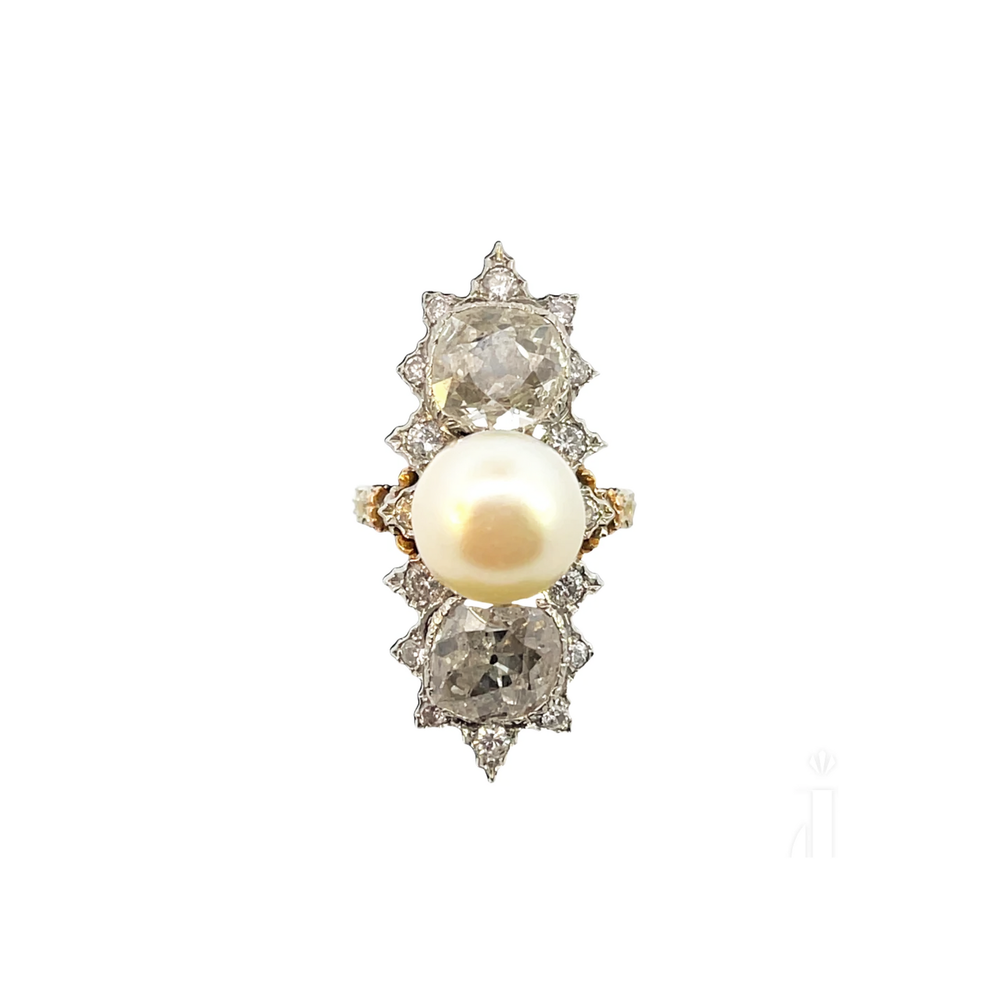 Mario Buccellati 1970s 18KT Yellow Gold Diamond & Pearl Ring front