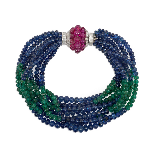 Art Deco Platinum Diamond, Emerald, Ruby & Sapphire Torsade Bracelet front