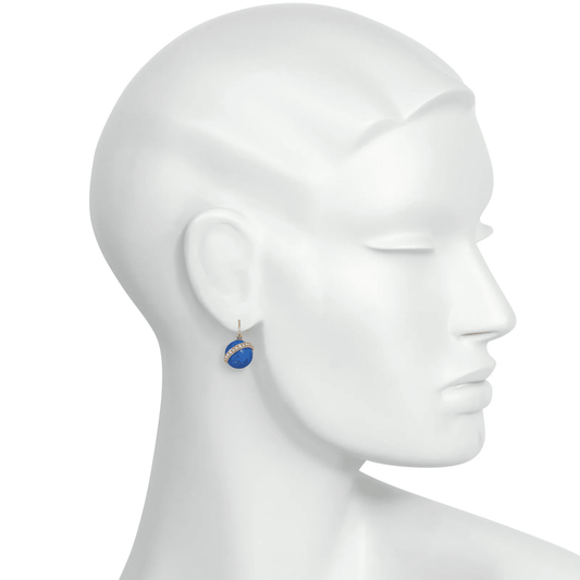 Victorian 14KT Yellow Gold Lapis Lazuli & Pearl Earrings on ear