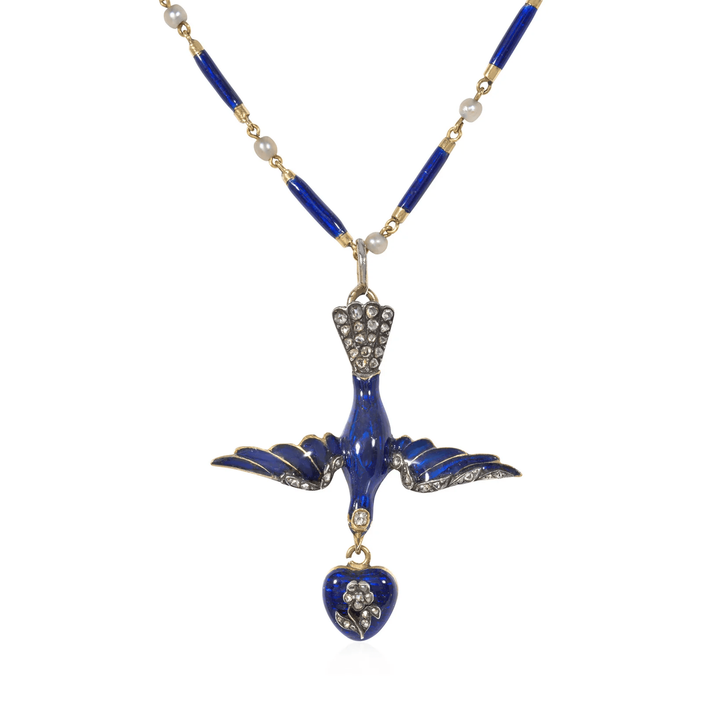 French Victorian 18KT Yellow Gold Diamond, Enamel & Pearl Bird Necklace front