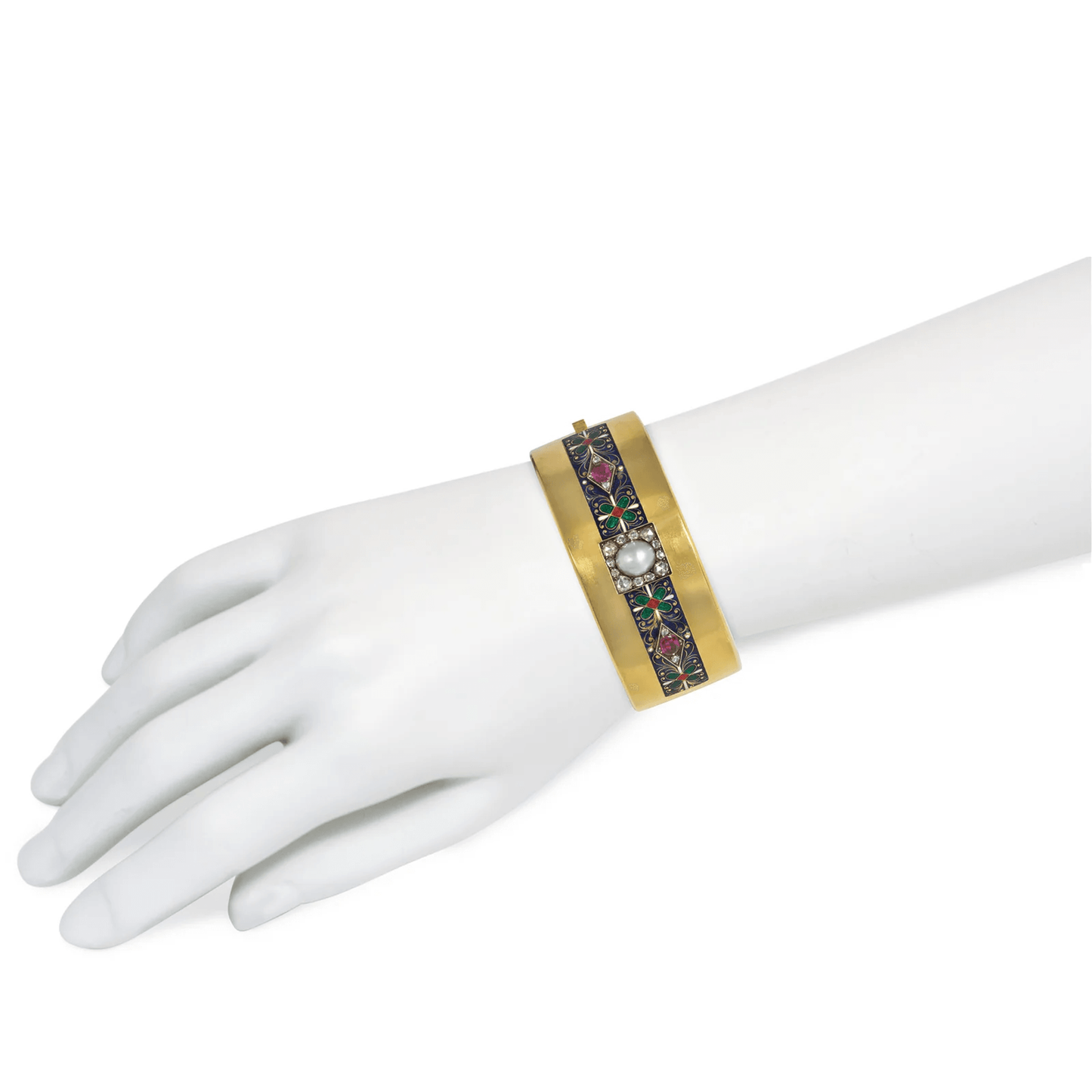 15KT Yellow Gold Diamond, Enamel, Pearl & Ruby Cuff Bracelet on wrist