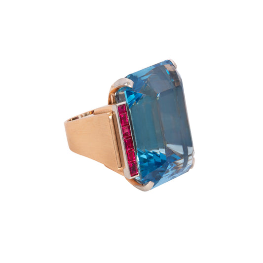 1940s 18KT Yellow Gold Aquamarine & Ruby Ring front side