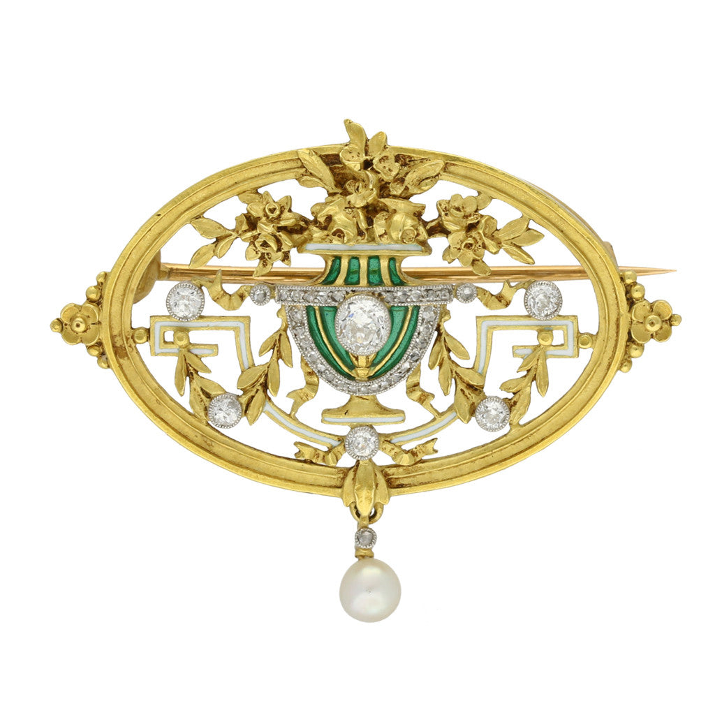 Lucien Gautrait French Art Nouveau Platinum & 18KT Yellow Gold Diamond, Enamel & Natural Pearl Pendant / Brooch front