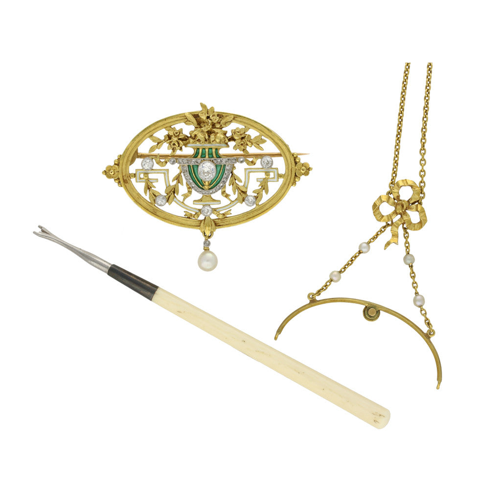 Lucien Gautrait French Art Nouveau Platinum & 18KT Yellow Gold Diamond, Enamel & Natural Pearl Pendant / Brooch disassembled